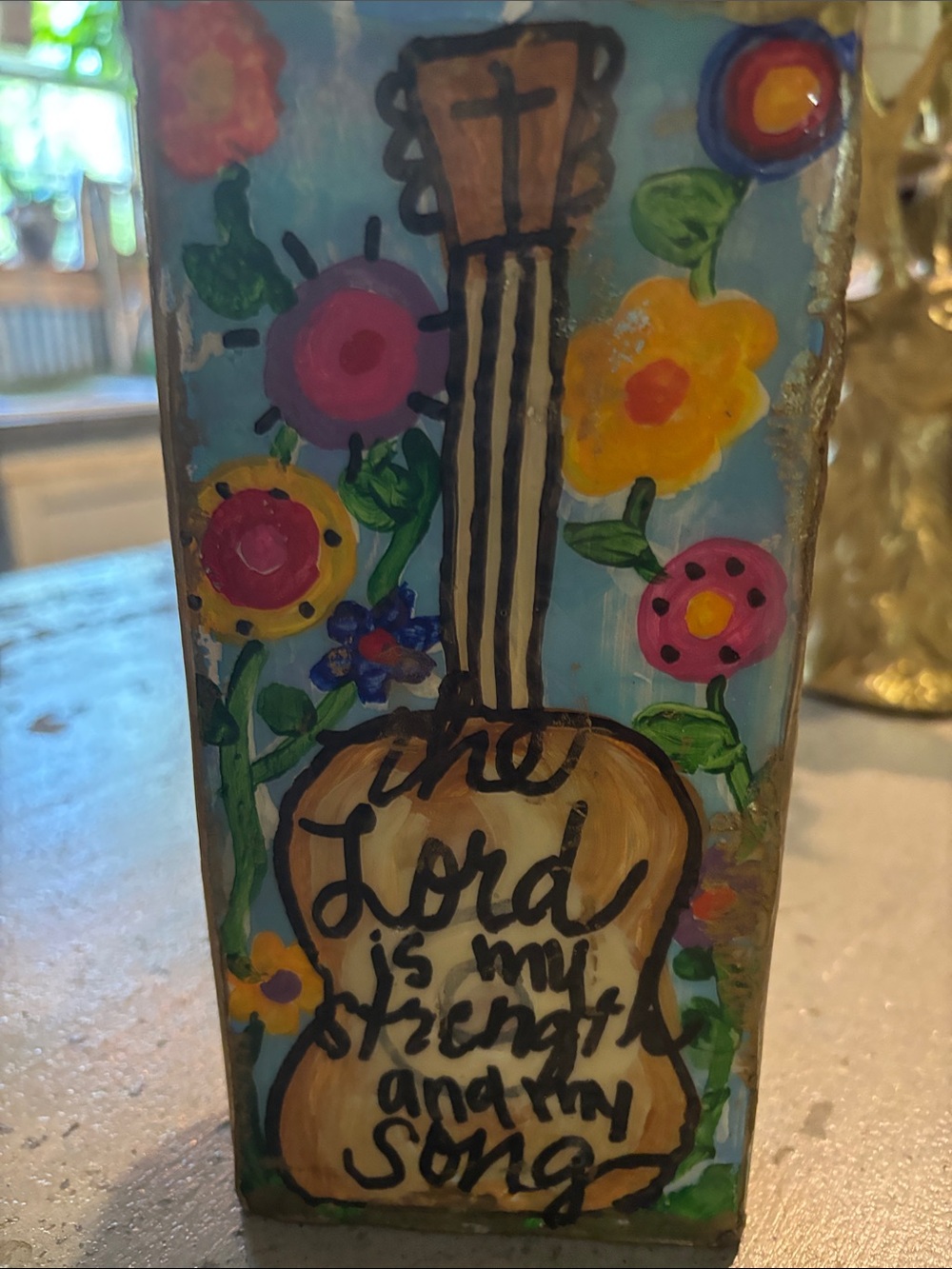 Hand-Painted Blue Floral Guitar Accent Block - Inspirational Home Accent
